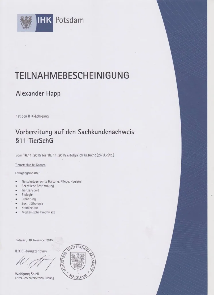 IHK Potsdam – Vorbereitung Sachkunde §11 TierSchG