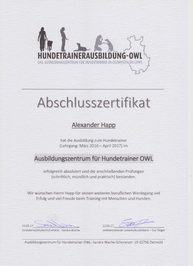Abschlusszertifikat Hundetrainer (OWL Detmold)