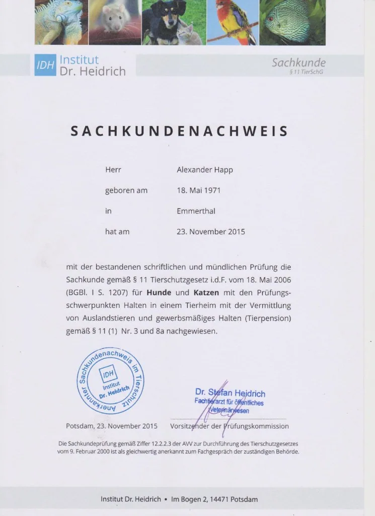 Sachkundenachweis §11 TierSchG (IDH Institut Dr. Heidrich)